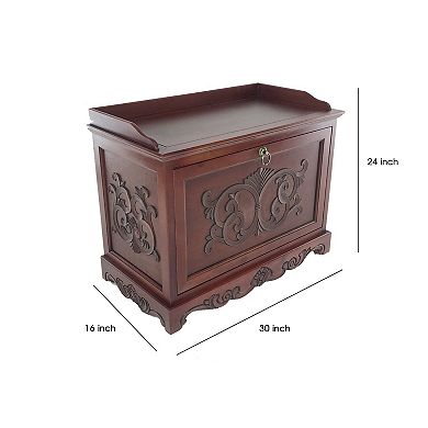 Engraved Wooden Shoe Cabinet with Drop Down Opening and Metal Hinges, Brown