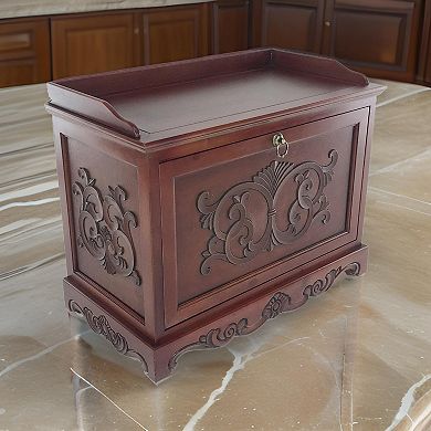 Engraved Wooden Shoe Cabinet with Drop Down Opening and Metal Hinges, Brown