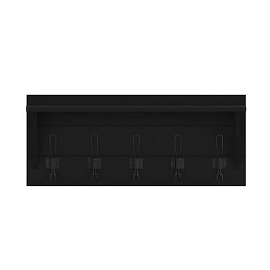 Merrick Lane Enid Pine Wood 24 Inch Wall Mount Storage Rack with 5 Hooks and Upper Shelf