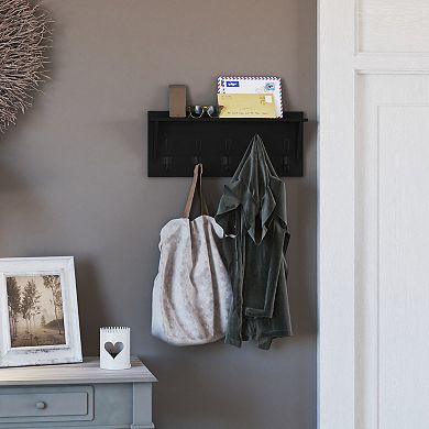 Merrick Lane Enid Pine Wood 24 Inch Wall Mount Storage Rack with 5 Hooks and Upper Shelf