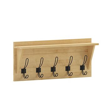Merrick Lane Enid Pine Wood 24 Inch Wall Mount Storage Rack with 5 Hooks and Upper Shelf