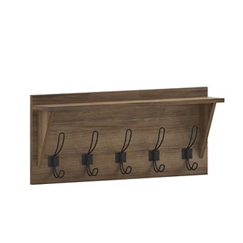 Merrick Lane Enid Pine Wood 24 Inch Wall Mount Storage Rack with 5 Hooks and Upper Shelf