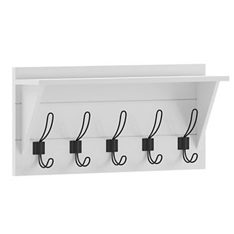 Merrick Lane Enid Pine Wood 24 Inch Wall Mount Storage Rack with 5 Hooks and Upper Shelf