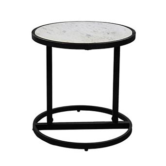 Beri 18 Inch Side End Table, Round White Natural Marble Top, Classic Slim Black Iron Frame