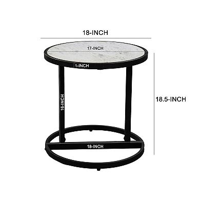 Beri 18 Inch Side End Table, Round White Natural Marble Top, Classic Slim Black Iron Frame