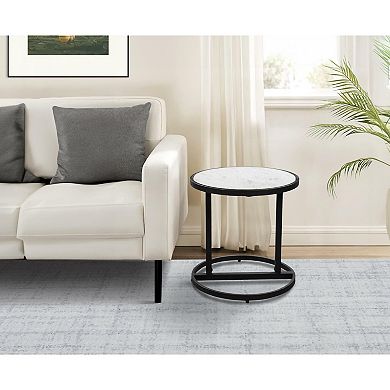 Beri 18 Inch Side End Table, Round White Natural Marble Top, Classic Slim Black Iron Frame