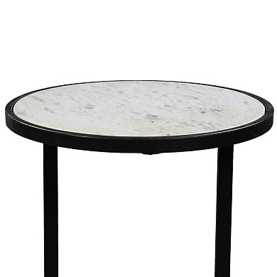 Beri 18 Inch Side End Table, Round White Natural Marble Top, Classic Slim Black Iron Frame