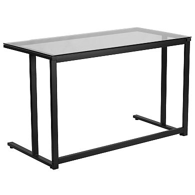 Emma And Oliver Glass Top Desk With Pedestal Metal Frame - Home Office Furniture