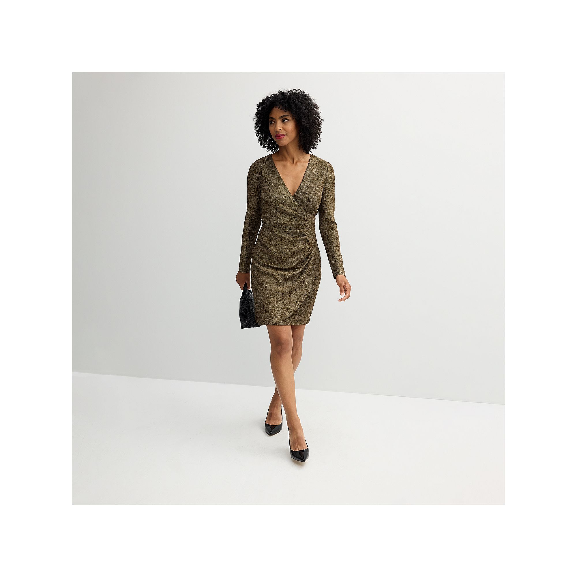 Womens Harper Rose Long Sleeve Ruched V-Neck Dress, Size: 2, Gold Shimmer