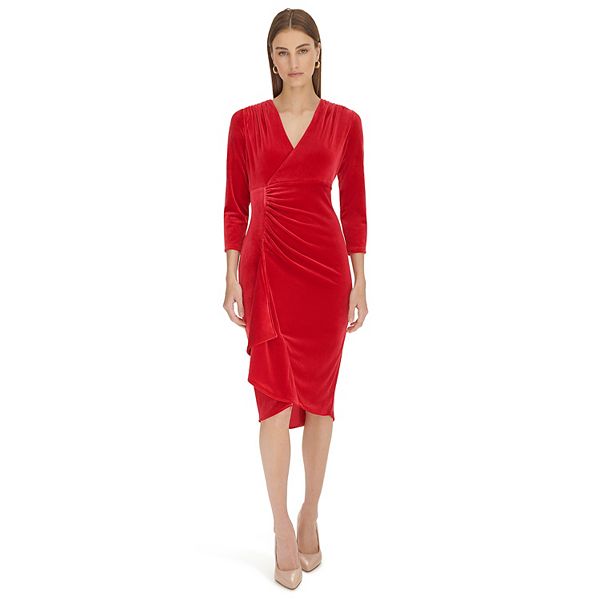 Rose Red V-neck Ruffle Sleeve Dress
