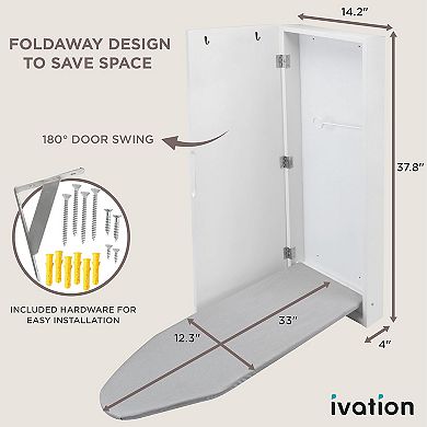 Ivation Ironing Board, Wall Mounted Ironing Board Cabinet W/left Side Door, Mirror & Lever, White