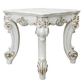 Jess 26 Inch Side End Table, Traditional Scrolled Legs, Brushed Gold, White