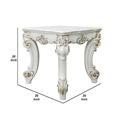 Jess 26 Inch Side End Table, Traditional Scrolled Legs, Brushed Gold, White