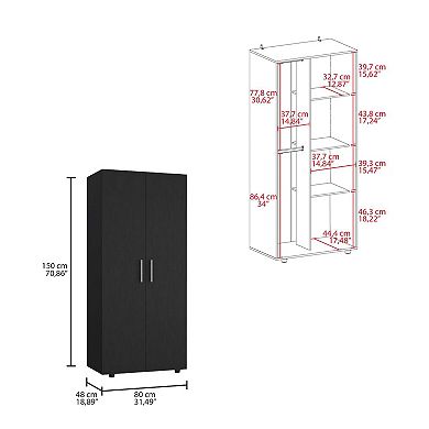 Tera Amoire, Four Shelves, Double Door Cabinet, Four Legs, Metal Hardware, Rods