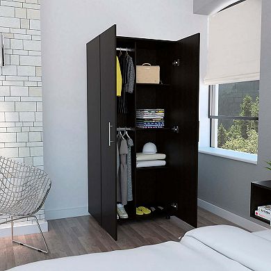 Tera Amoire, Four Shelves, Double Door Cabinet, Four Legs, Metal Hardware, Rods