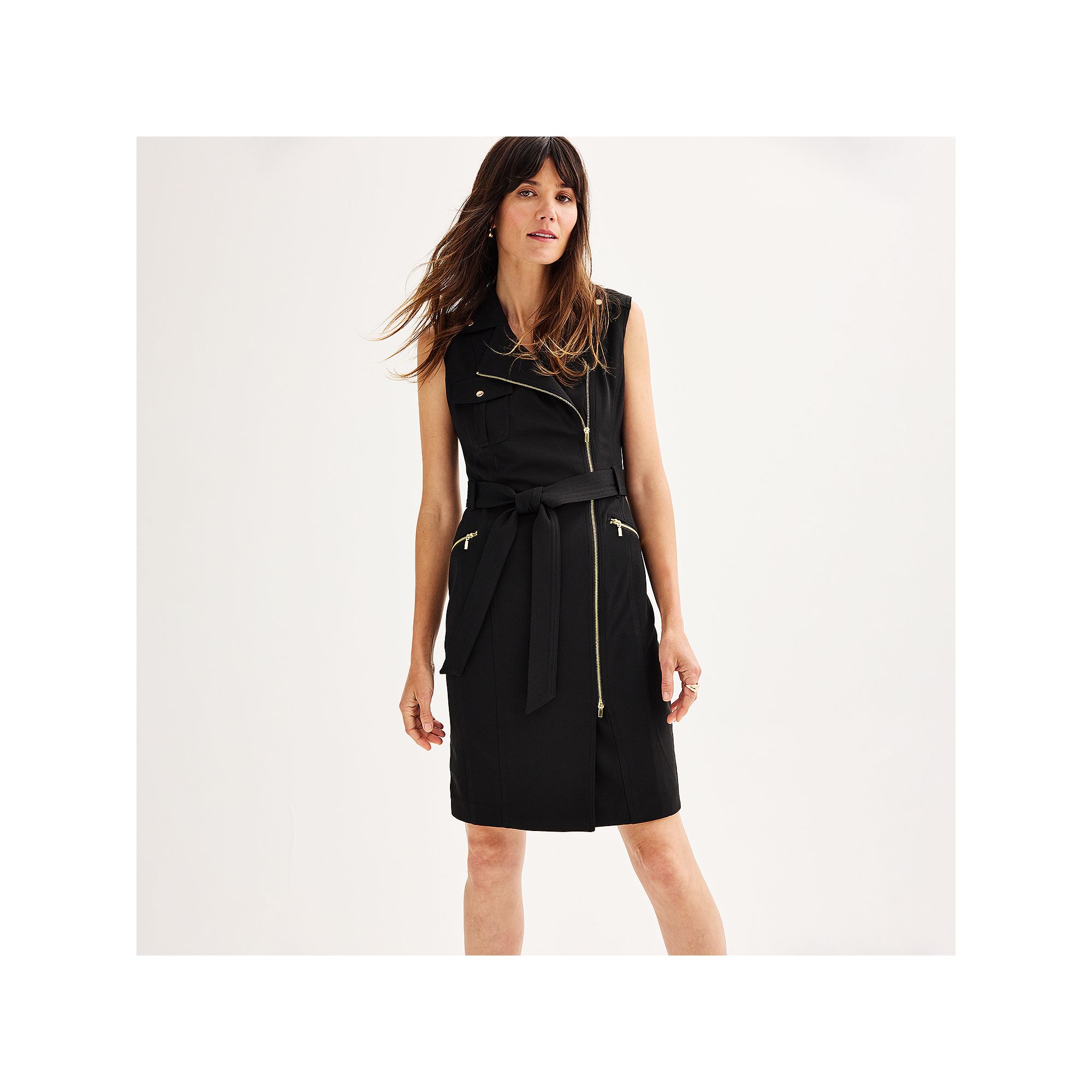 Womens Andrew Marc Sleeveless Collar Neck Moto Dress, Size: 2, Black