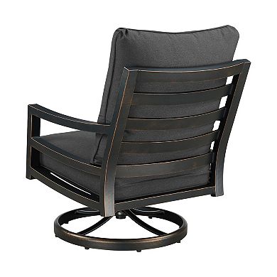 Back view of dark gray cushioned outdoor swivel chair