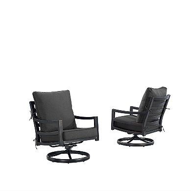 Two dark gray cushioned swivel chairs