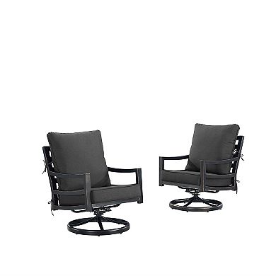 Pair of dark gray cushioned outdoor swivel chairs