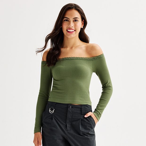 Juniors' Harper & Ivy Off-Shoulder Lace Trimmed Long Sleeve Top