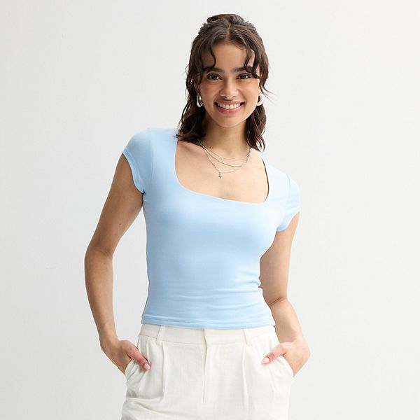 Juniors' Harper & Ivy Short Contour Sleeve Squareneck Top - Blue (MEDIUM)