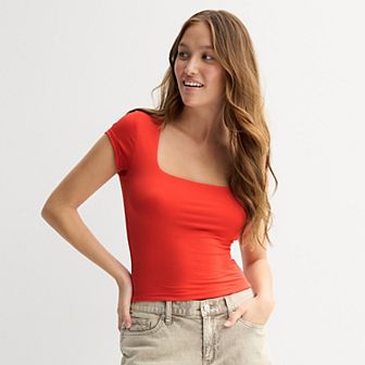 Juniors' Harper & Ivy Short Contour Sleeve Squareneck Top