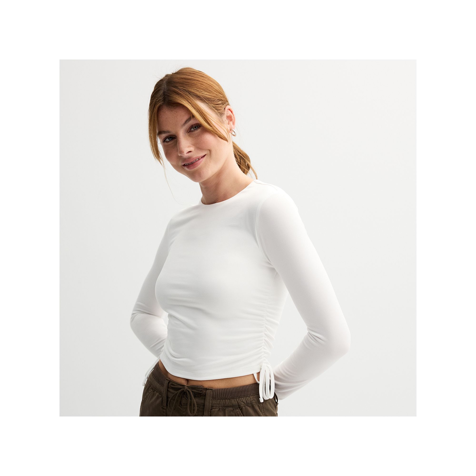 Juniors Harper & Ivy Long Sleeve Lined & Side Ruching Cropped Top, Womens