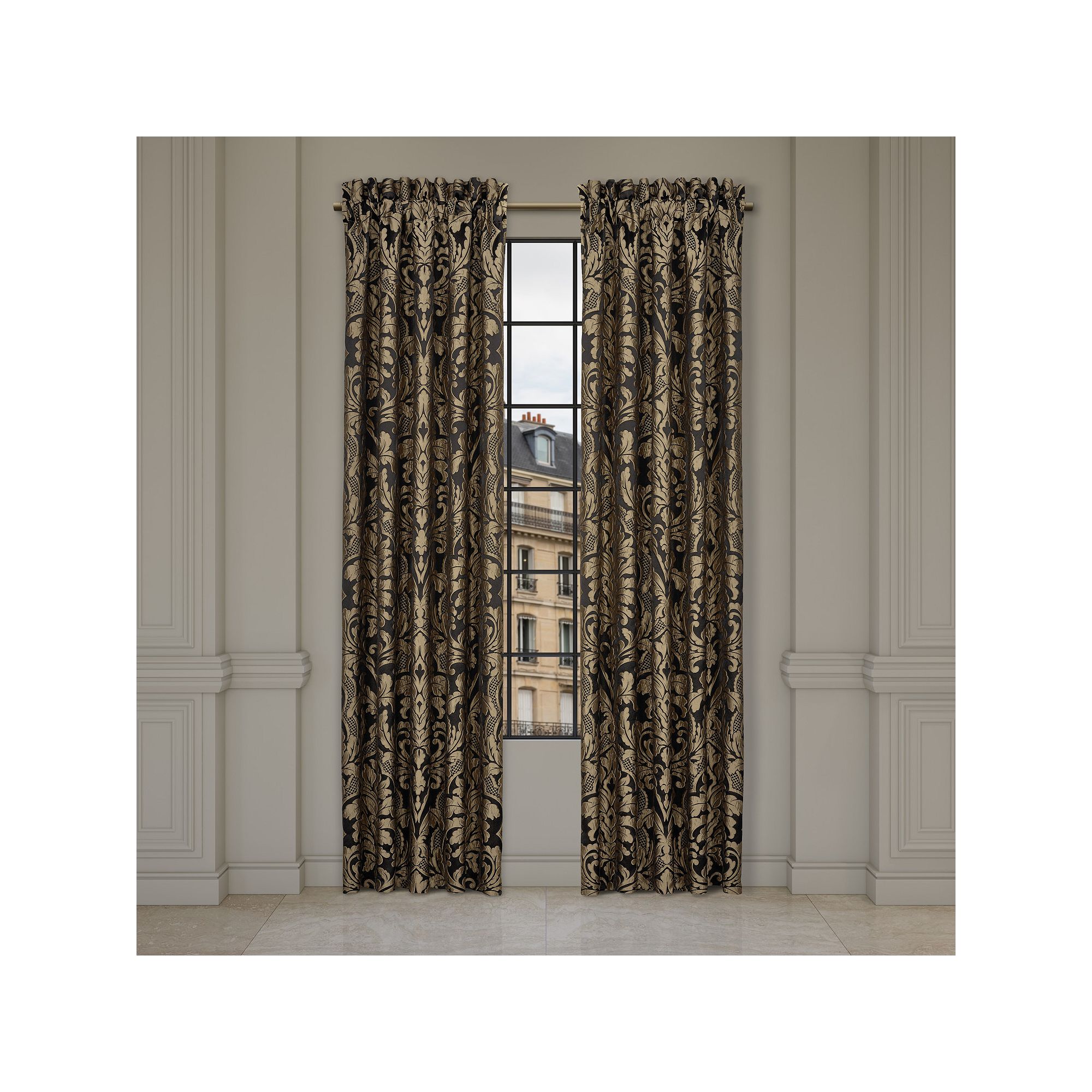 Five Queens Court Branson Black & Gold Set of 2 Window Curtain Panels