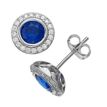 Rosabella Sterling Silver Blue & White Cubic Zirconia Halo Stud Earrings
