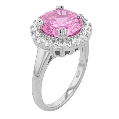 Rosabella Sterling Silver Pink & White Cubic Zirconia Halo Ring