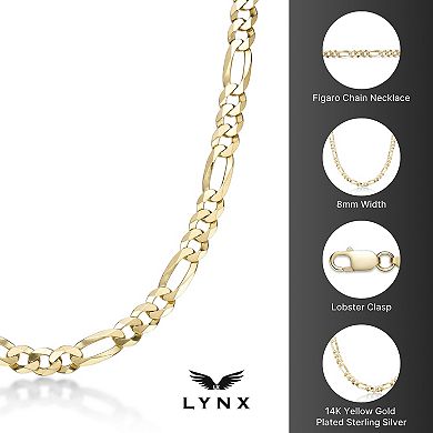 Men's LYNX 14k Gold Over Silver 8mm Flat Figaro Chain Necklace