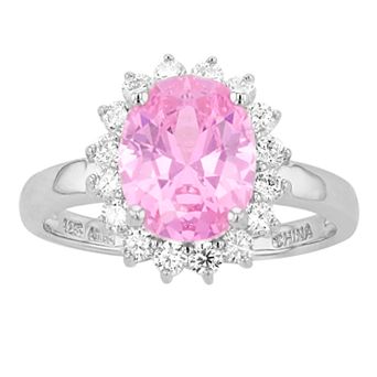 Rosabella Sterling Silver Pink Cubic Zirconia Halo Ring