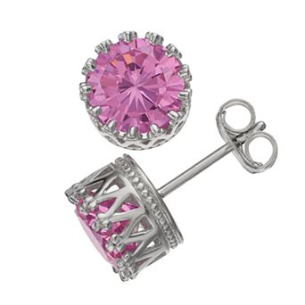 Rosabella Sterling Silver Pink Cubic Zirconia Crown Set Stud Earrings
