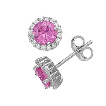 Rosabella Sterling Silver Pink Cubic Zirconia Halo Stud Earrings