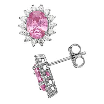 Rosabella Sterling Silver Pink & White Cubic Zirconia Halo Stud Earrings