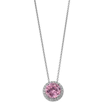 Rosabella Sterling Silver Pink & White Cubic Zirconia Halo Pendant Necklace
