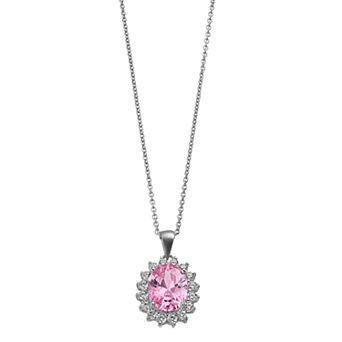 Rosabella Sterling Silver Pink Cubic Zirconia Halo Pendant Necklace