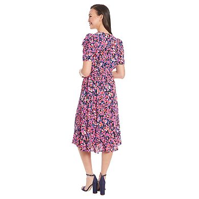 Women's London Times Ruched Sleeve and Elastic Waistband Midi Dress