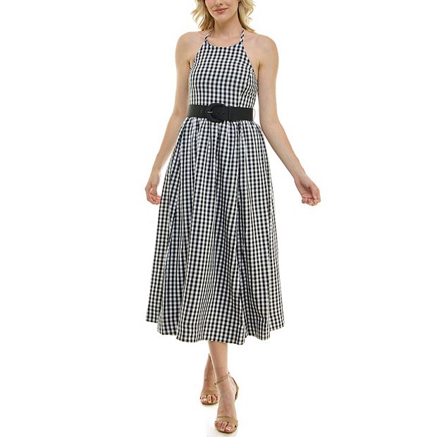 sachin and babi light blue dress Women's Taylor Halter Neck Belted Fit & Flare Gingham Midi Dress