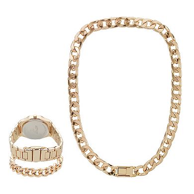Men's Ed Hardy Matte Black/Shiny Gold Analog Watch with Crystal Stones Necklace and Bracelet Set