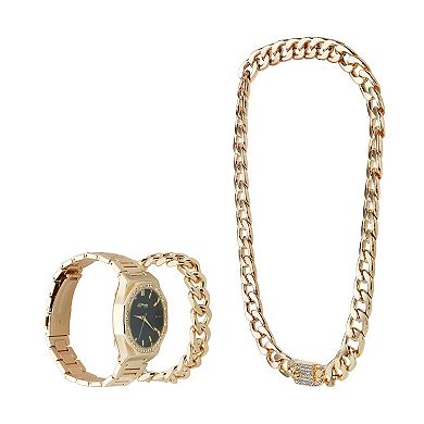 Men's Ed Hardy Matte Black/Shiny Gold Analog Watch with Crystal Stones Necklace and Bracelet Set