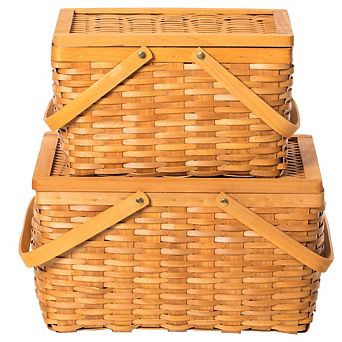 Woodchip Picnic Storage Basket With Cover And Movable Handles, Set Of 2