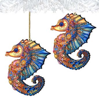Nautical Christmas Ornaments - Mosaic Seahorse Wooden Ornaments Set Of 2 By G.debrekht