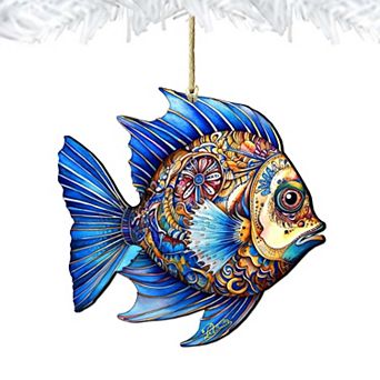 Coastal Christmas Ornaments - Aquamarine Aqua Fish Wooden Ornaments By G. Debrekht