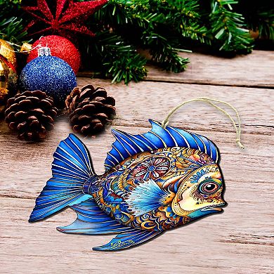Coastal Christmas Ornaments - Aquamarine Aqua Fish Wooden Ornaments By G. Debrekht