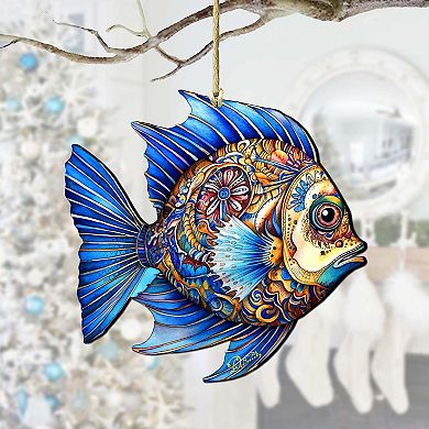 Coastal Christmas Ornaments - Aquamarine Aqua Fish Wooden Ornaments By G. Debrekht