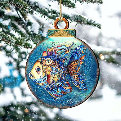 Coastal Decorations - Blue Fish Wooden Ornaments Set Of 2 By G.debrekht