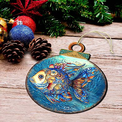 Coastal Decorations - Blue Fish Wooden Ornaments Set Of 2 By G.debrekht