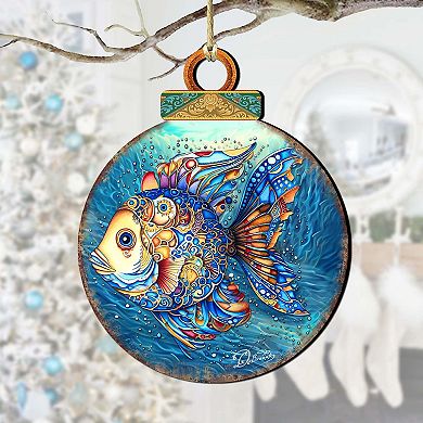 Coastal Decorations - Blue Fish Wooden Ornaments Set Of 2 By G.debrekht