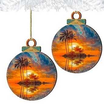 Coastal Christmas Decor - Ocean Sunset Wooden Ornaments Set Of 2 By G. Debrekht
